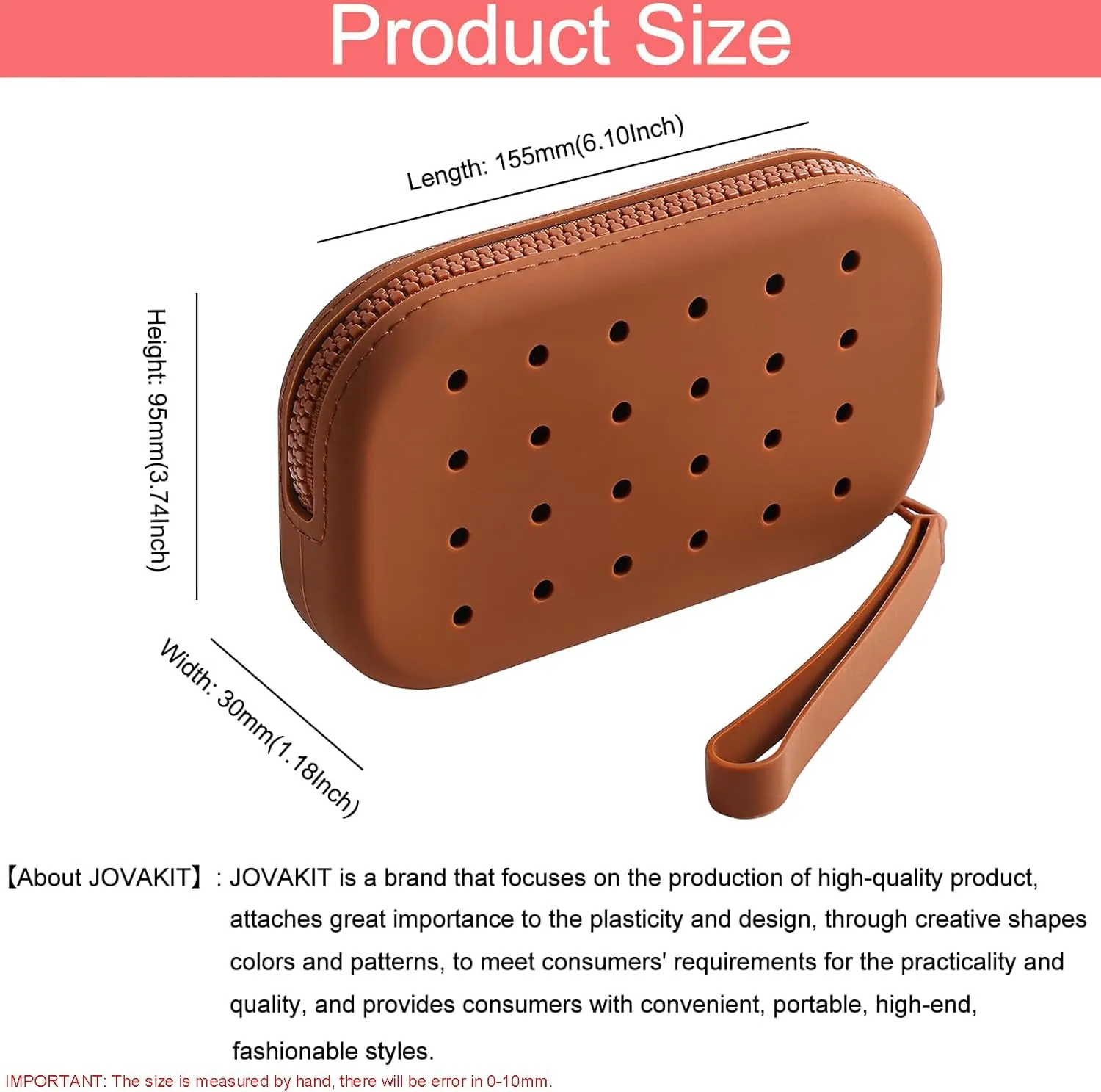 JOVAKIT Small Portable Silicone Makeup Bag for Women with Decorative Holes, Travel Waterproof Toiletry Cosmetic Bag Gifts for Women, Zipper Closure Makeup Case with Handle (Brown)