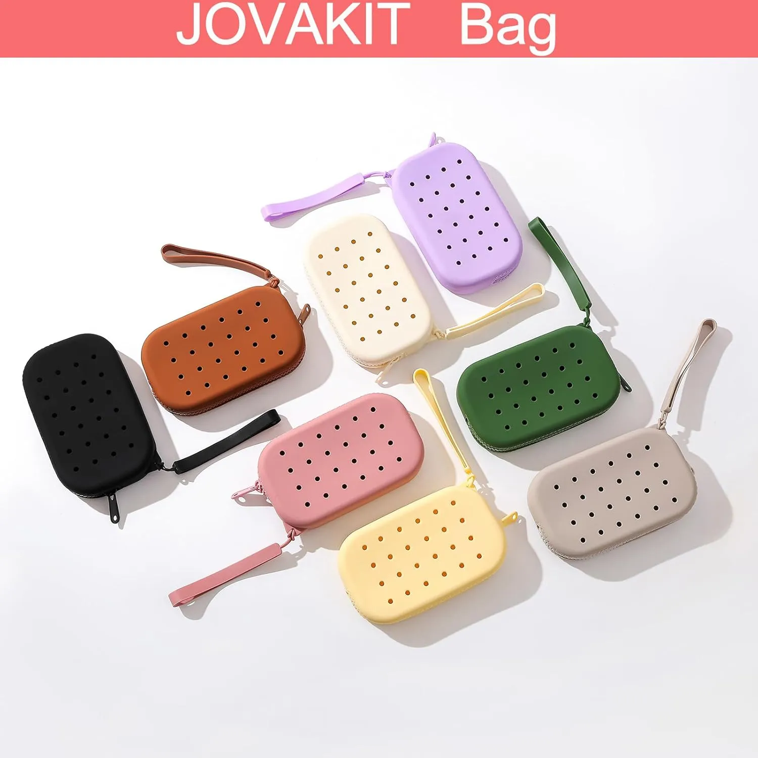 JOVAKIT Small Portable Silicone Makeup Bag for Women with Decorative Holes, Travel Waterproof Toiletry Cosmetic Bag Gifts for Women, Zipper Closure Makeup Case with Handle (Brown)
