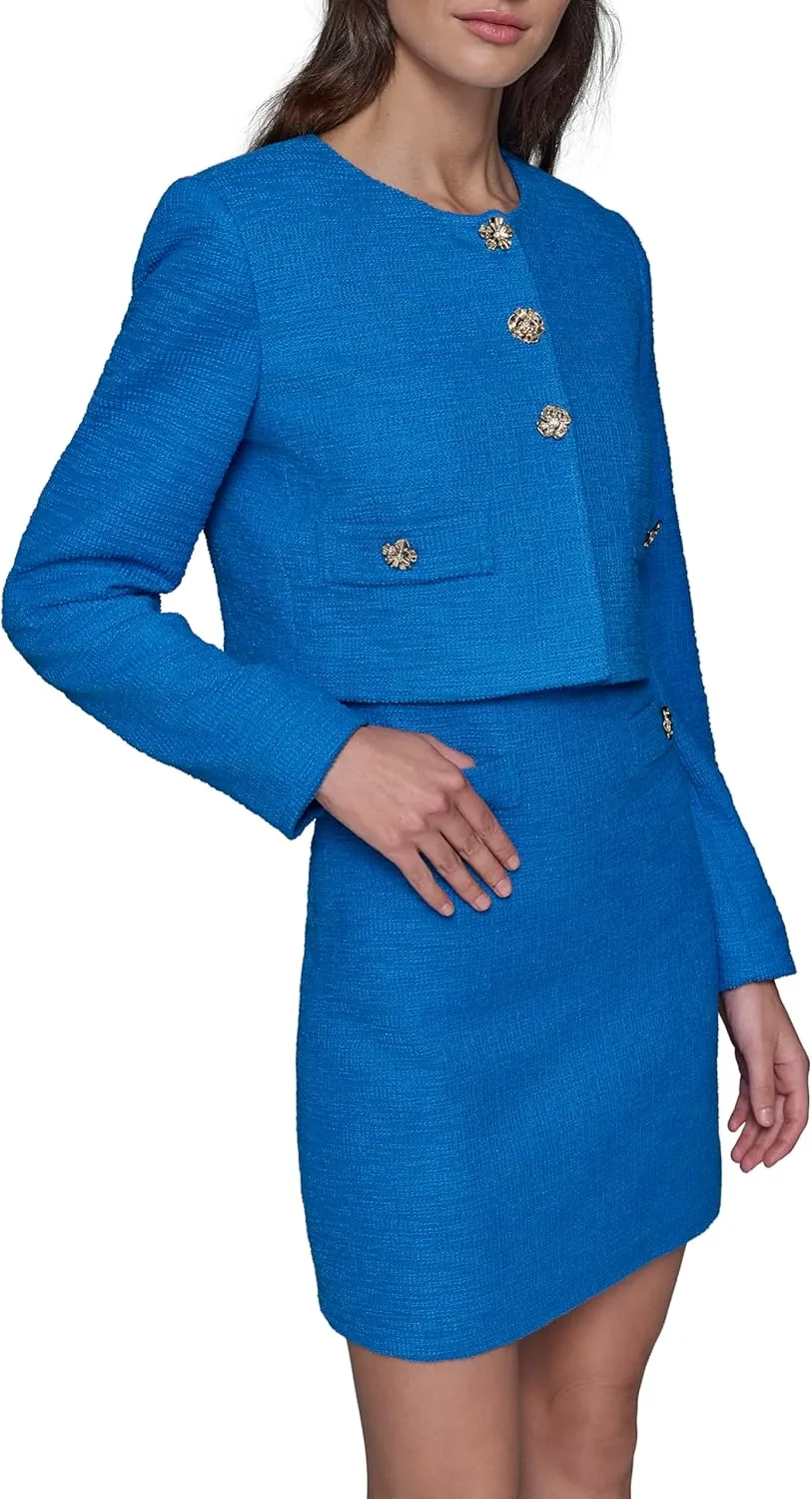 Karl Lagerfeld Paris Women's Tweed Solid Scoop Neck Cropped Knit Blazer