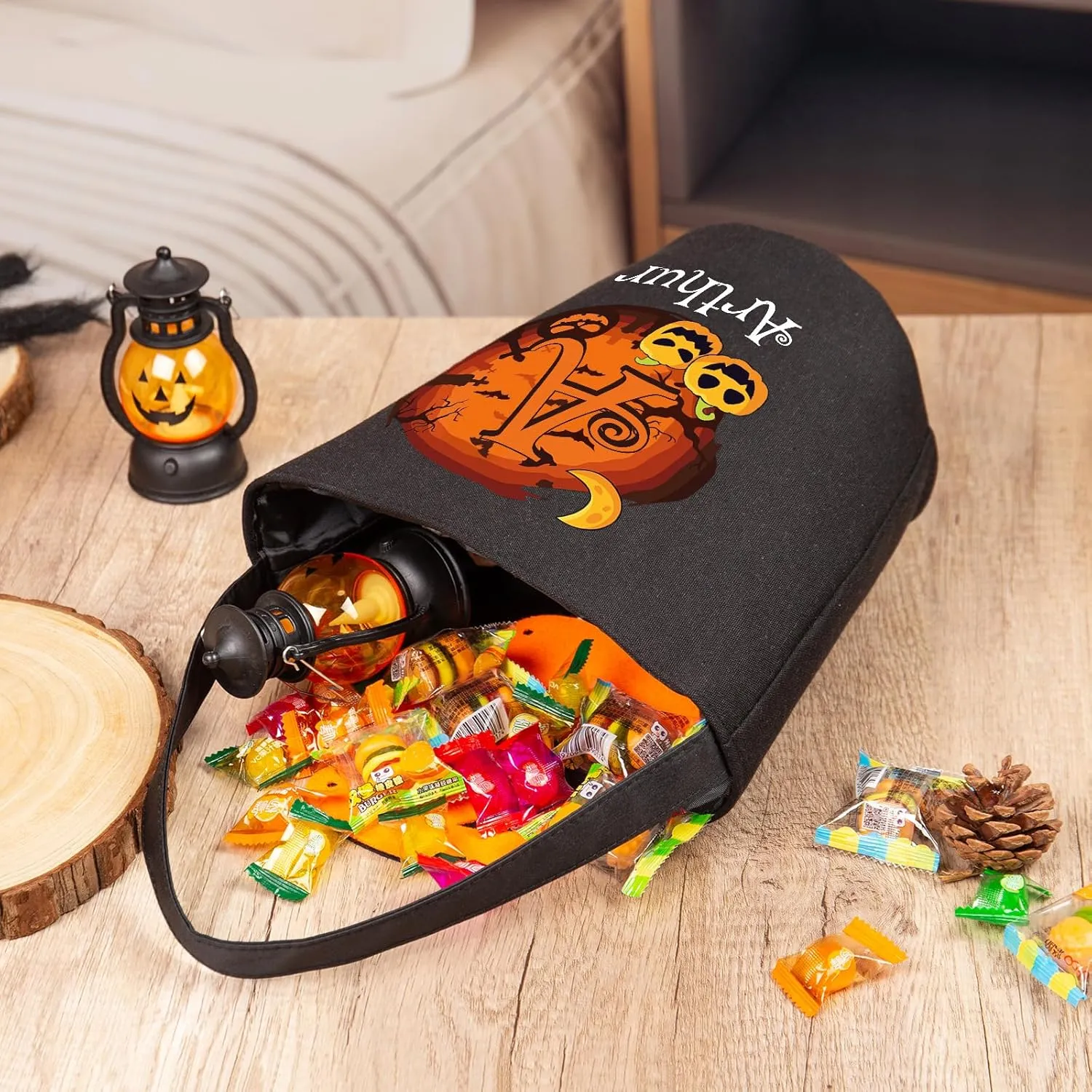 kaululu Halloween Candy Bags Halloween Candy Bucket Halloween Trick or Treat Bucket Bag Custom Name Embroidered Candy Basket for Kids (Black 4)