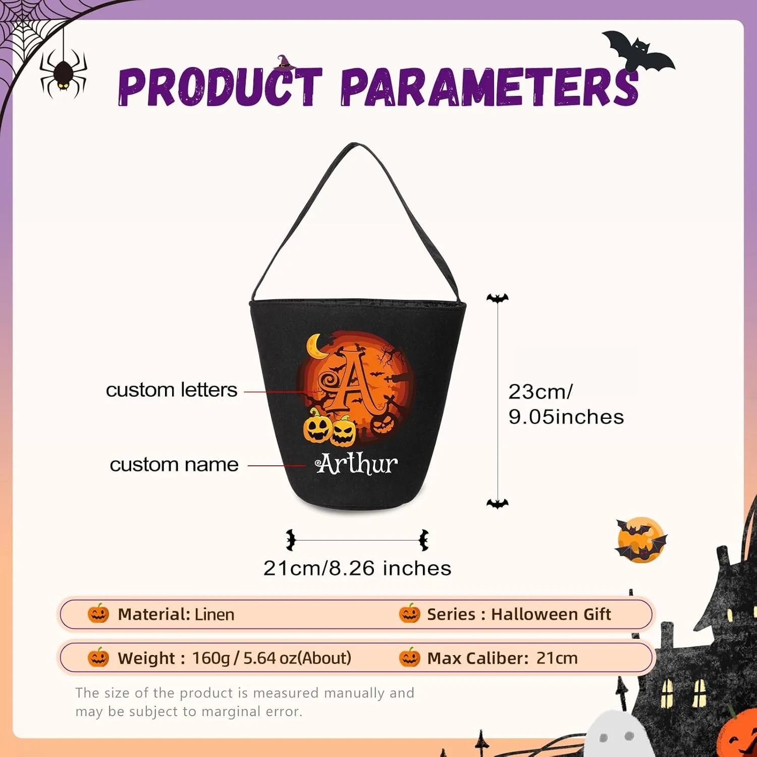 kaululu Halloween Candy Bags Halloween Candy Bucket Halloween Trick or Treat Bucket Bag Custom Name Embroidered Candy Basket for Kids (Black 4)
