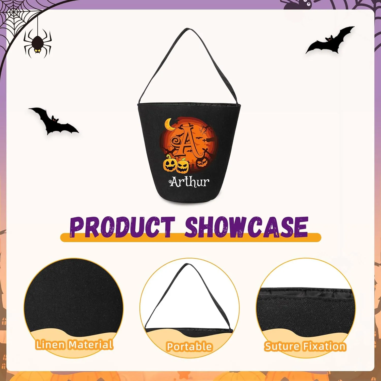 kaululu Halloween Candy Bags Halloween Candy Bucket Halloween Trick or Treat Bucket Bag Custom Name Embroidered Candy Basket for Kids (Black 4)
