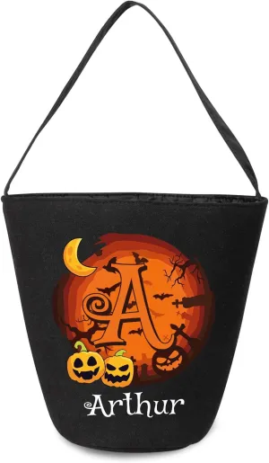kaululu Halloween Candy Bags Halloween Candy Bucket Halloween Trick or Treat Bucket Bag Custom Name Embroidered Candy Basket for Kids (Black 4)