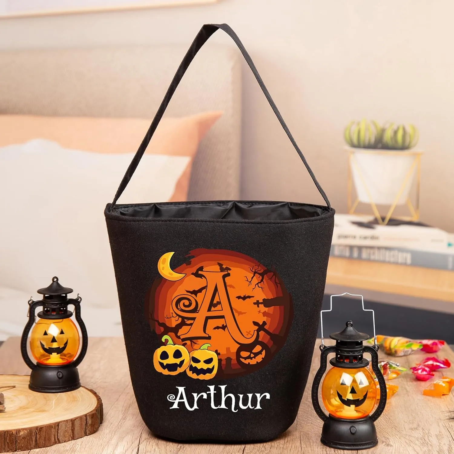 kaululu Halloween Candy Bags Halloween Candy Bucket Halloween Trick or Treat Bucket Bag Custom Name Embroidered Candy Basket for Kids (Black 4)