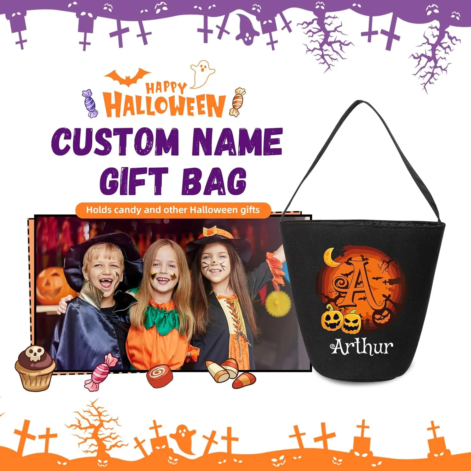 kaululu Halloween Candy Bags Halloween Candy Bucket Halloween Trick or Treat Bucket Bag Custom Name Embroidered Candy Basket for Kids (Black 4)