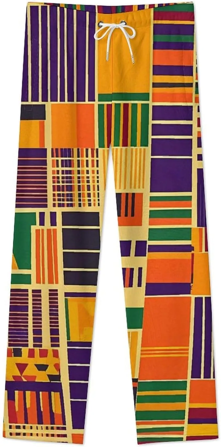Kente Cloth Pattern Womens Flannel Pajama Pants Long Length Sleep Lounge Pants with Drawstring Belt Loungewear