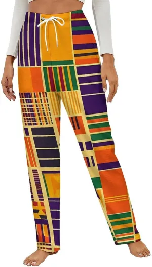 Kente Cloth Pattern Womens Flannel Pajama Pants Long Length Sleep Lounge Pants with Drawstring Belt Loungewear