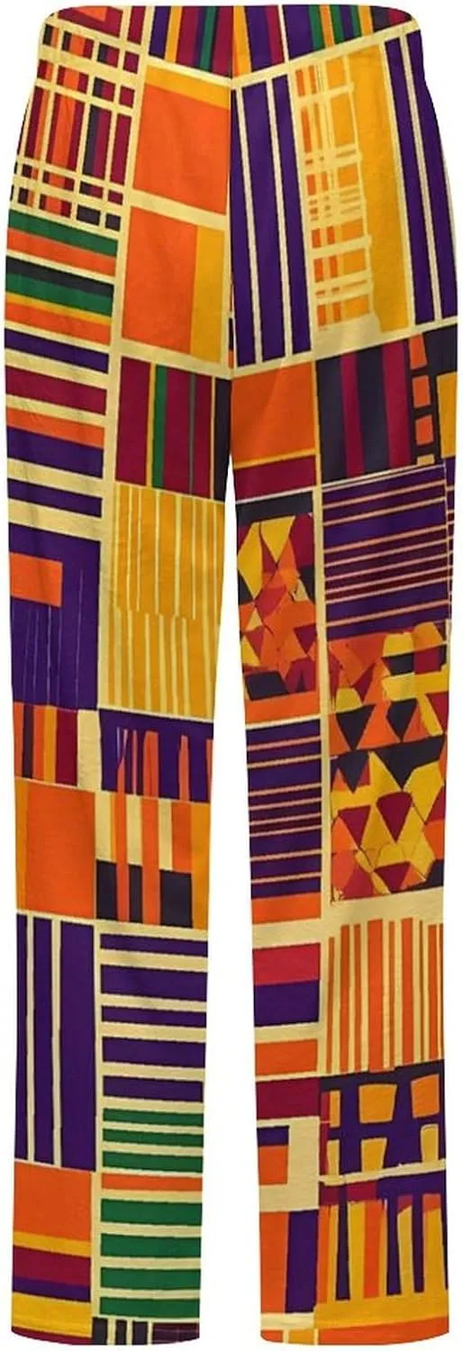 Kente Cloth Pattern Womens Flannel Pajama Pants Long Length Sleep Lounge Pants with Drawstring Belt Loungewear
