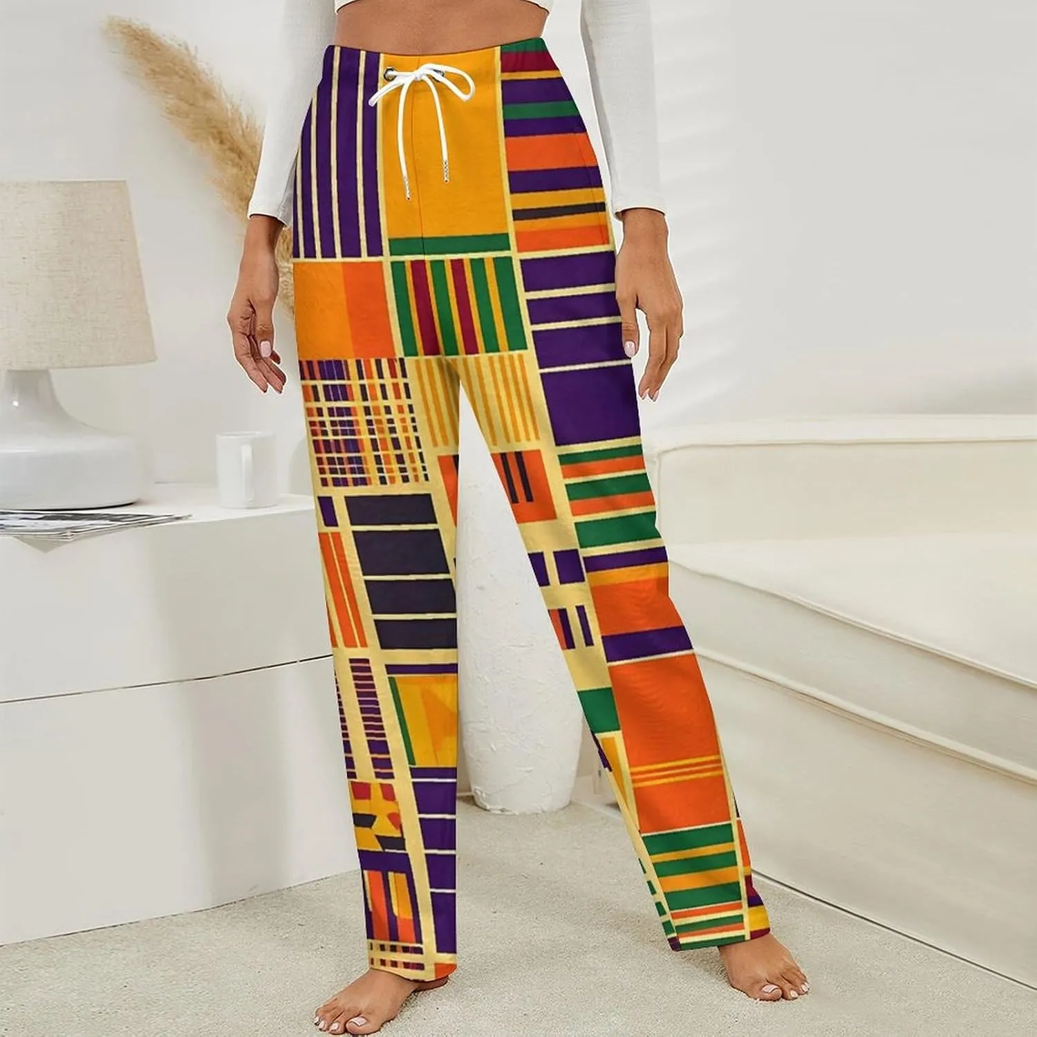 Kente Cloth Pattern Womens Flannel Pajama Pants Long Length Sleep Lounge Pants with Drawstring Belt Loungewear