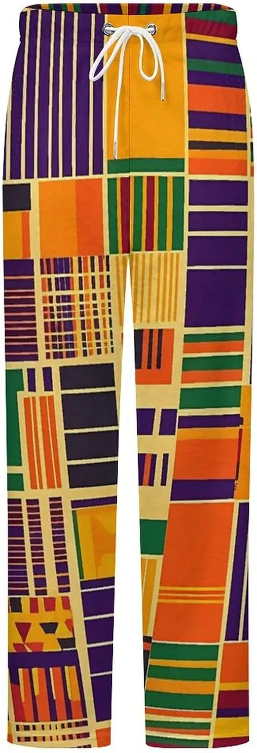 Kente Cloth Pattern Womens Flannel Pajama Pants Long Length Sleep Lounge Pants with Drawstring Belt Loungewear