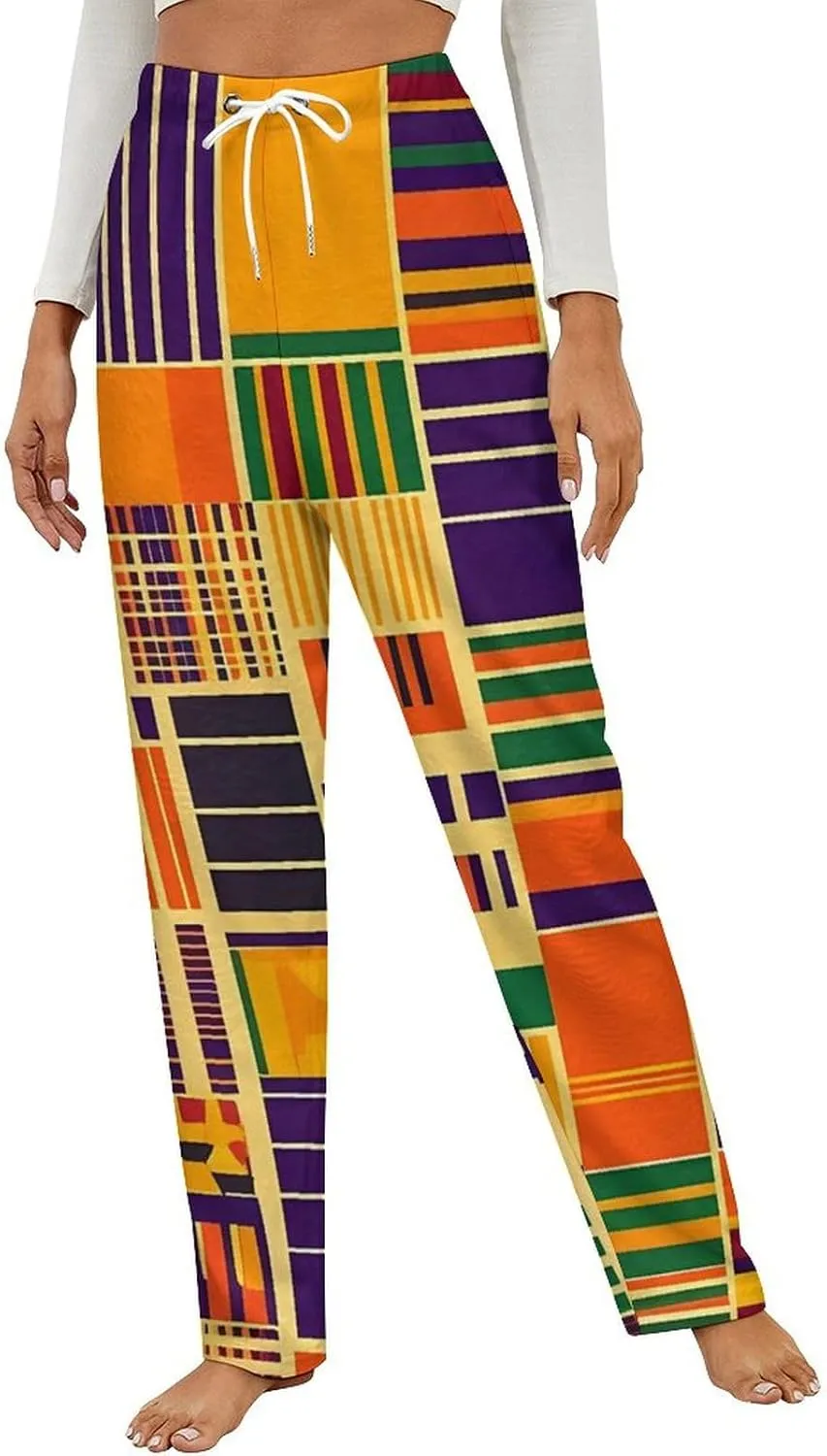 Kente Cloth Pattern Womens Flannel Pajama Pants Long Length Sleep Lounge Pants with Drawstring Belt Loungewear