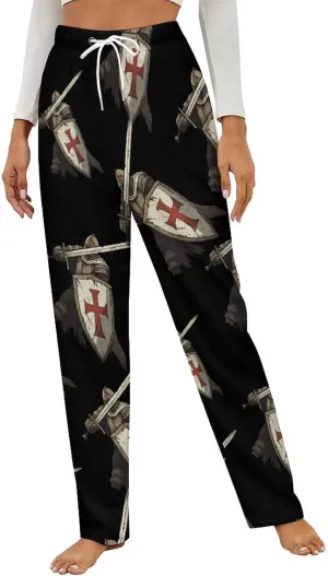 Knights Templar Womens Flannel Pajama Pants Long Length Sleep Lounge Pants with Drawstring Belt Loungewear