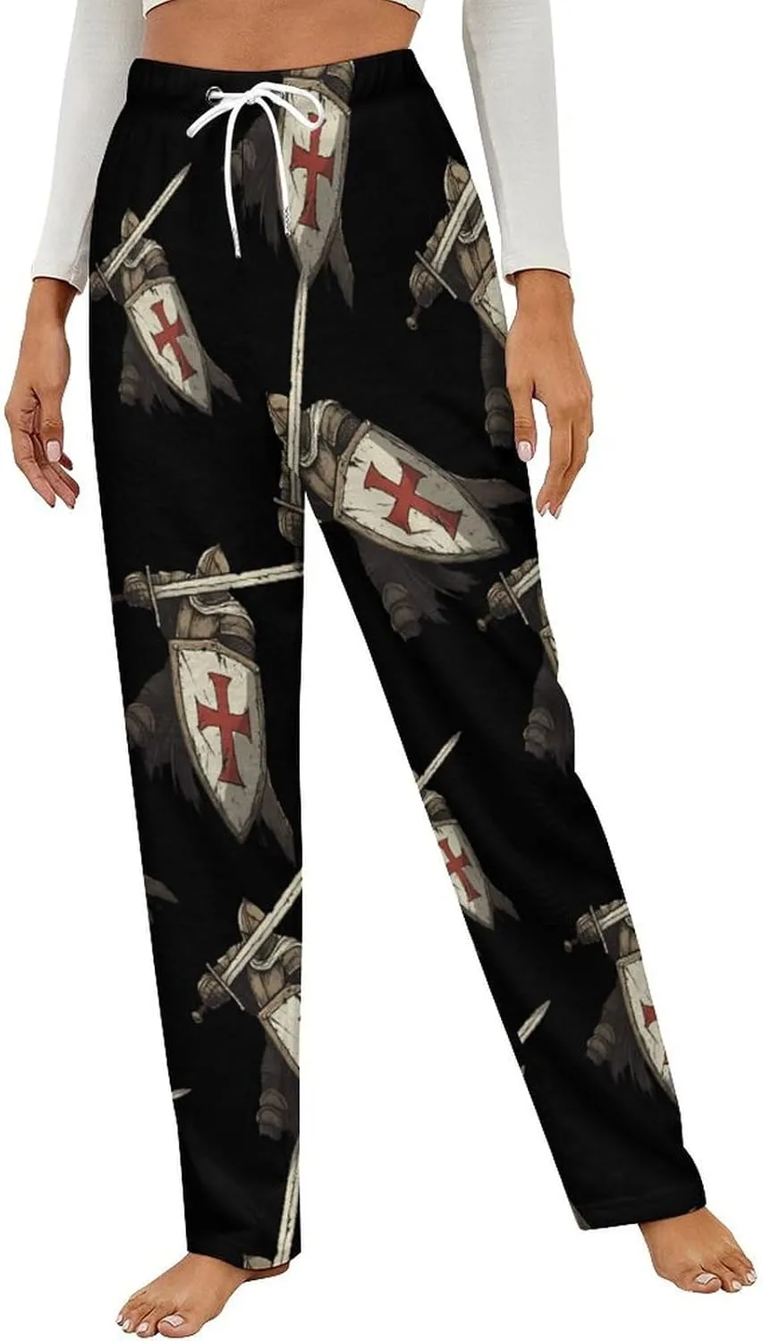 Knights Templar Womens Flannel Pajama Pants Long Length Sleep Lounge Pants with Drawstring Belt Loungewear