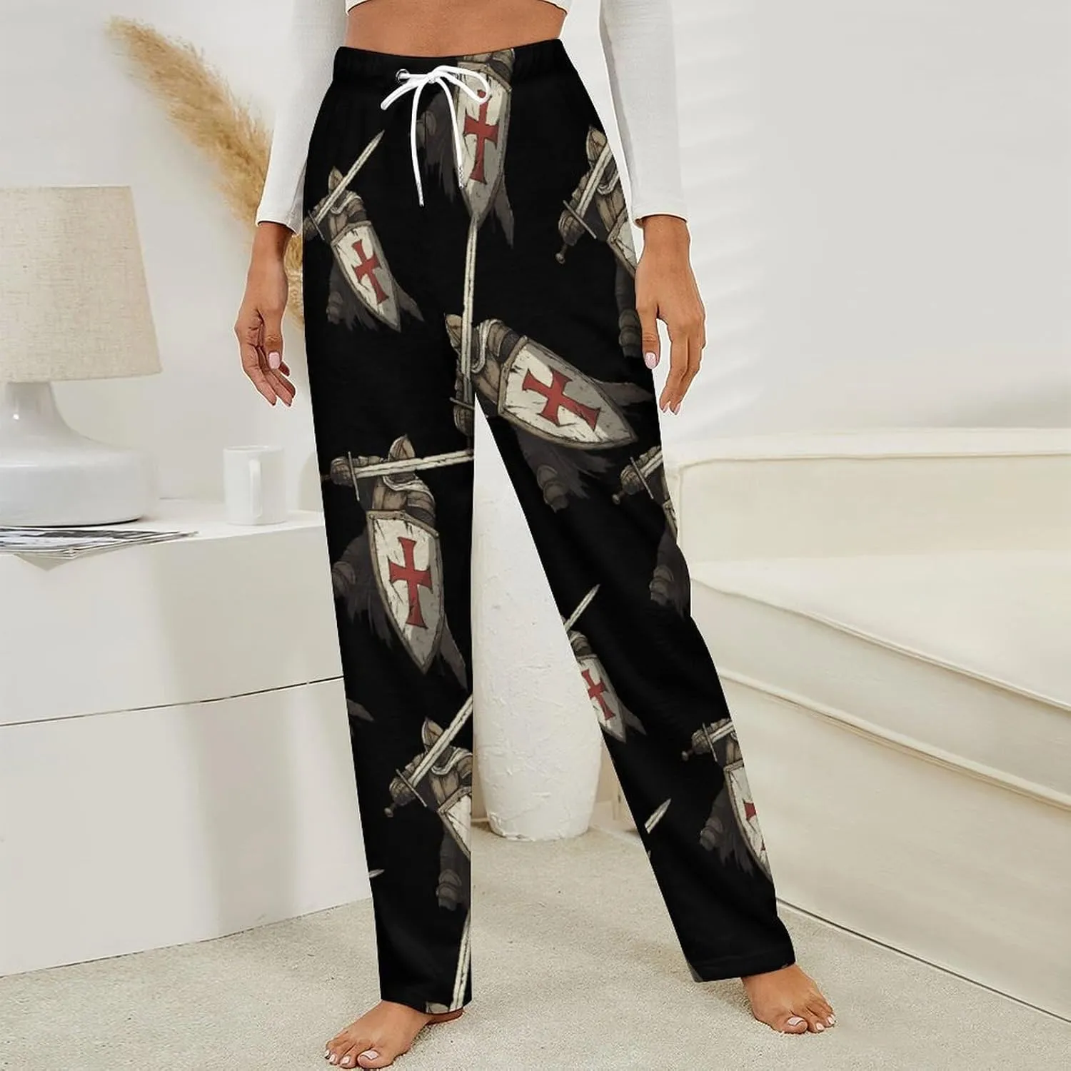 Knights Templar Womens Flannel Pajama Pants Long Length Sleep Lounge Pants with Drawstring Belt Loungewear