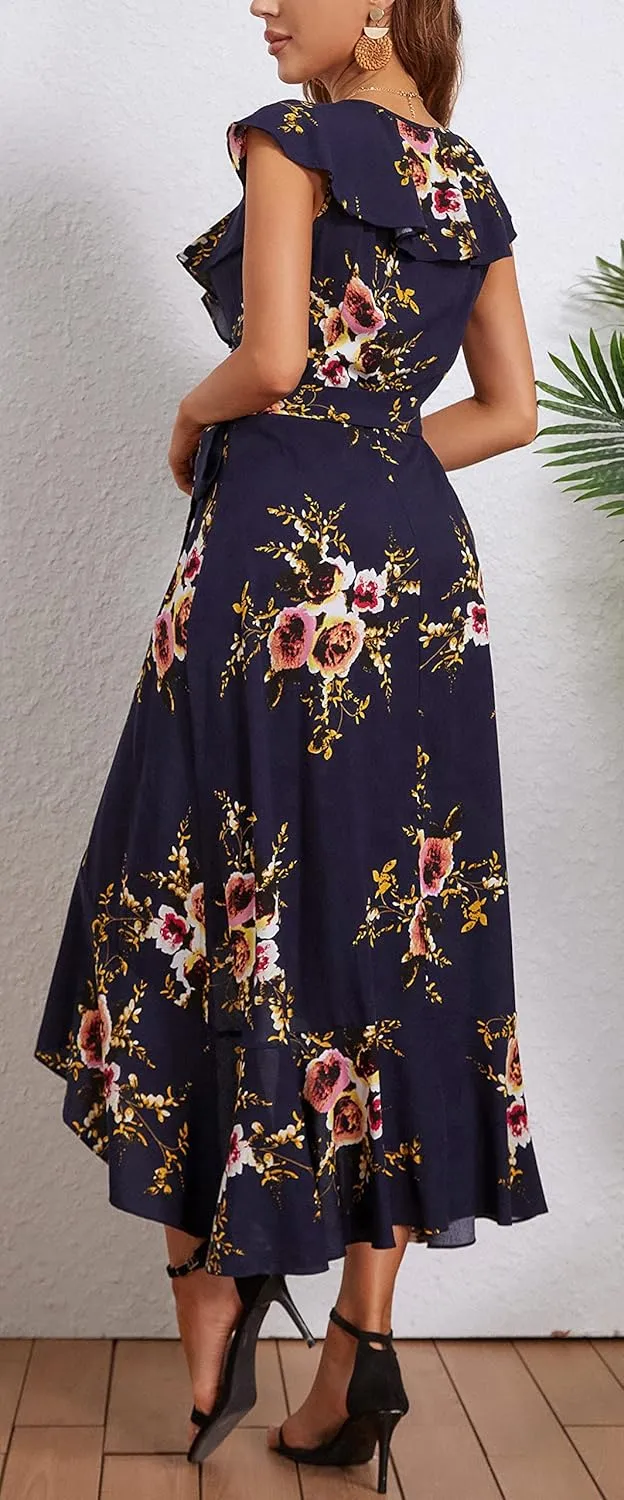 Kormei Womens Sleeveless Scoop Neck Floral High Low Split Party Long Maxi Dress