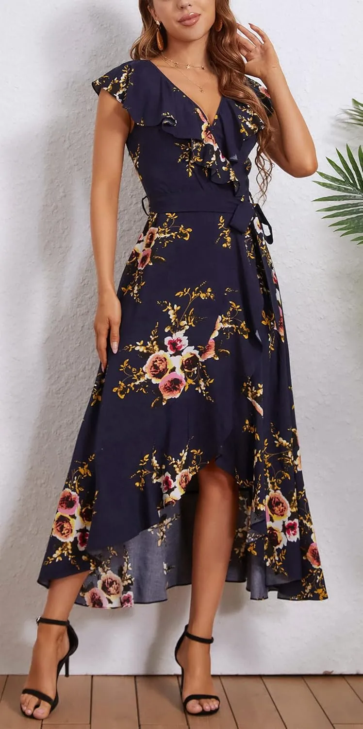Kormei Womens Sleeveless Scoop Neck Floral High Low Split Party Long Maxi Dress