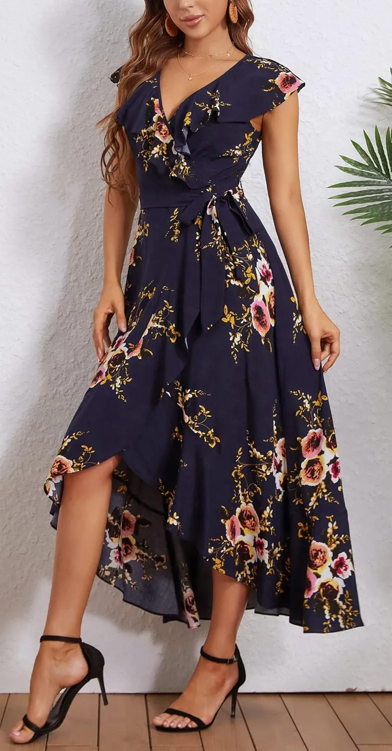 Kormei Womens Sleeveless Scoop Neck Floral High Low Split Party Long Maxi Dress