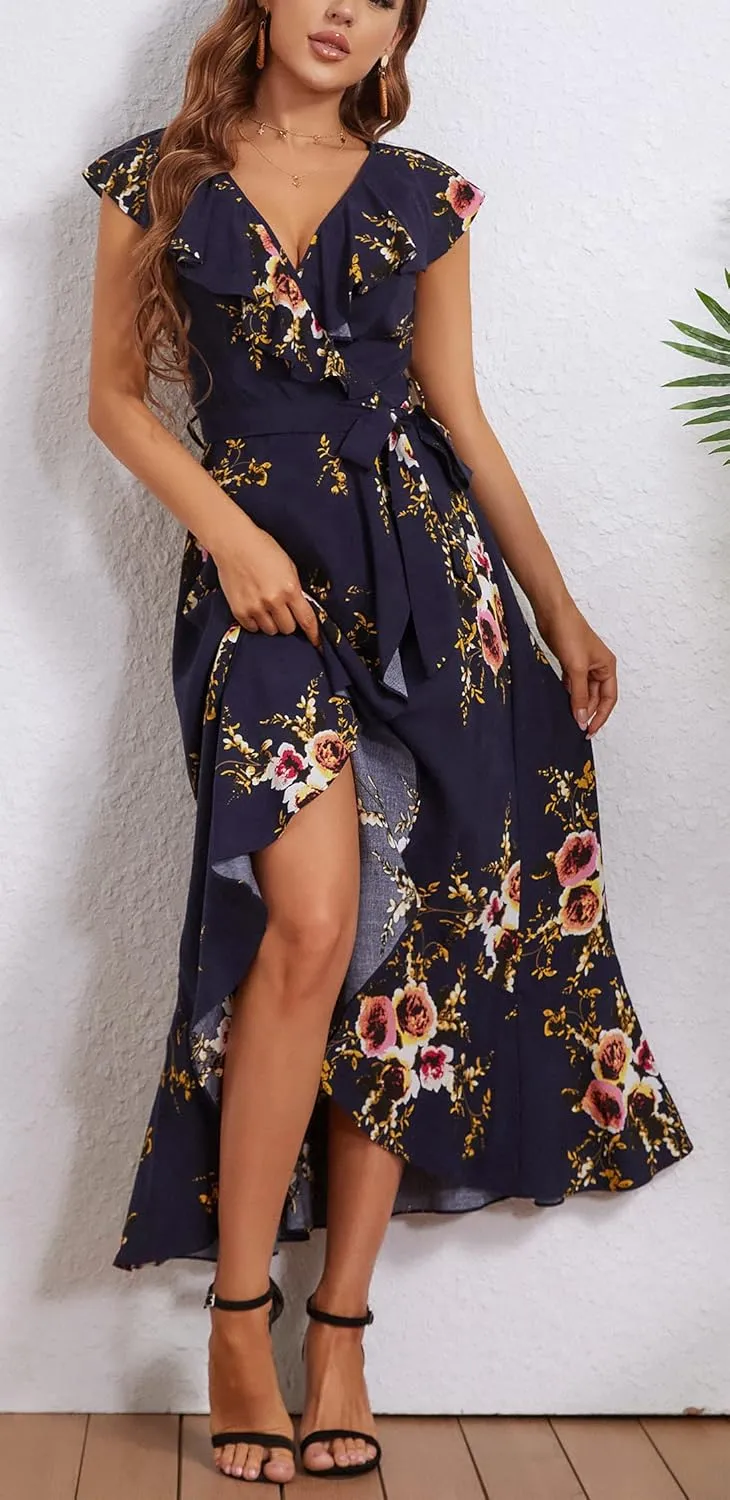 Kormei Womens Sleeveless Scoop Neck Floral High Low Split Party Long Maxi Dress