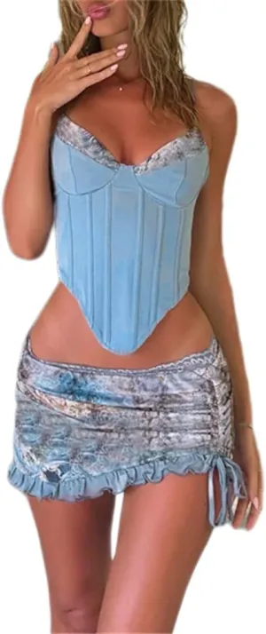 ksotutm Sexy Two Piece Skirt Set for Women Corset Tube Top and Ruffle Pleated Mini Skirt Vacation Outfits Set for Women