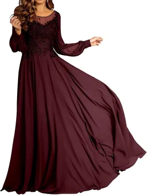 Lace Applique Chiffon Mother of The Bride Dresses for Wedding A-Line Crew Neck Long Sleeves Maxi Formal Evening Dress