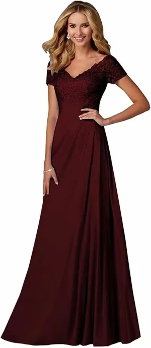 Lace Appliques Mother of The Bride Dresses for Wedding V-Neck Chiffon Long Formal Evening Gowns with Sleeve