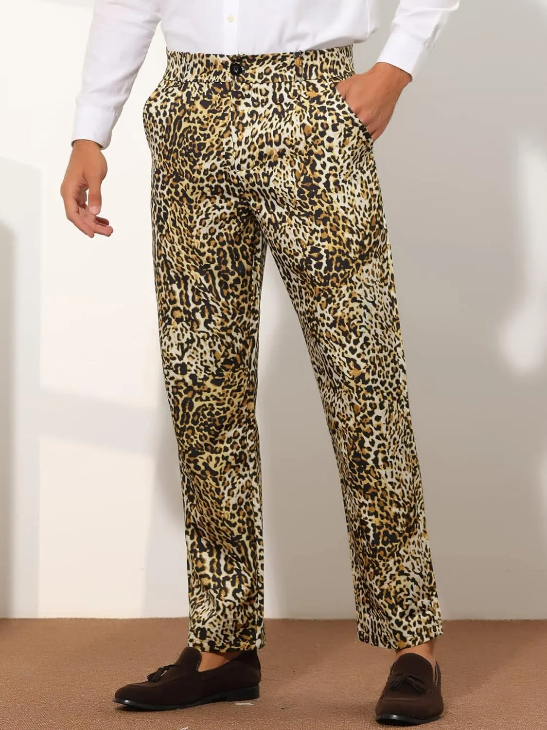 Lars Amadeus Animal Printed Dress Pants for Men's Regular Fit Button Closure Pattern Trousers