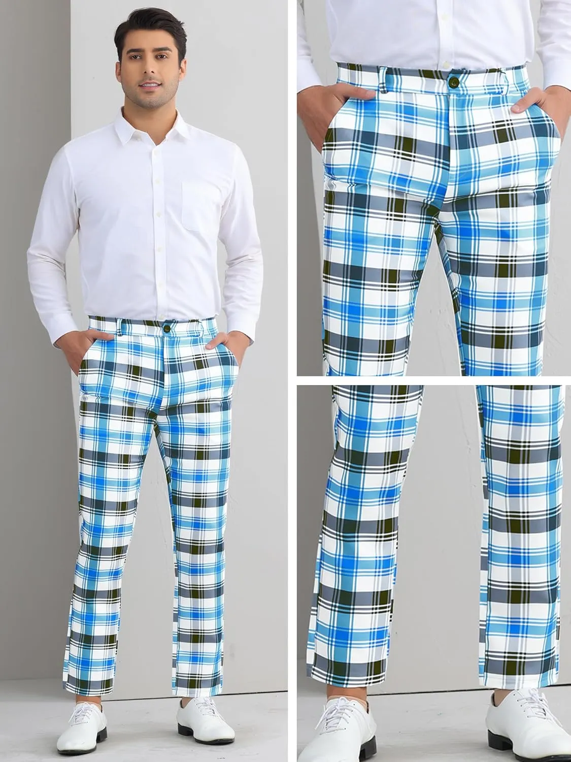 Lars Amadeus Men's Classic Plaid Dress Pants Flat Front Checked Office Prom Trousers