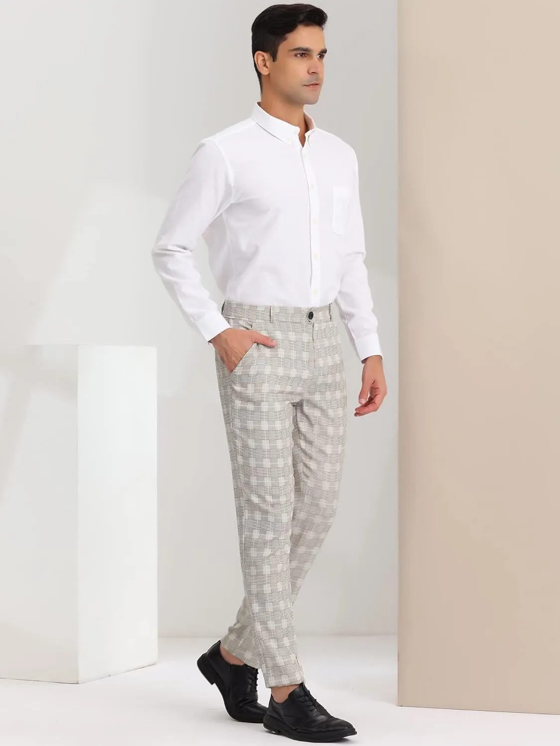 Lars Amadeus Men's Classic Plaid Dress Pants Flat Front Checked Office Prom Trousers