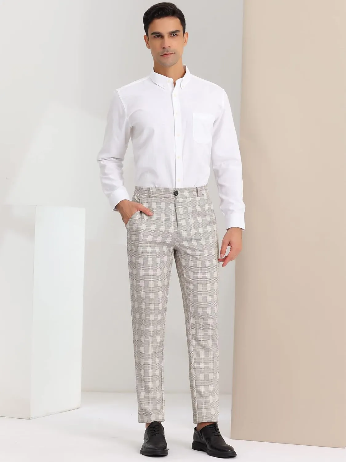 Lars Amadeus Men's Classic Plaid Dress Pants Flat Front Checked Office Prom Trousers
