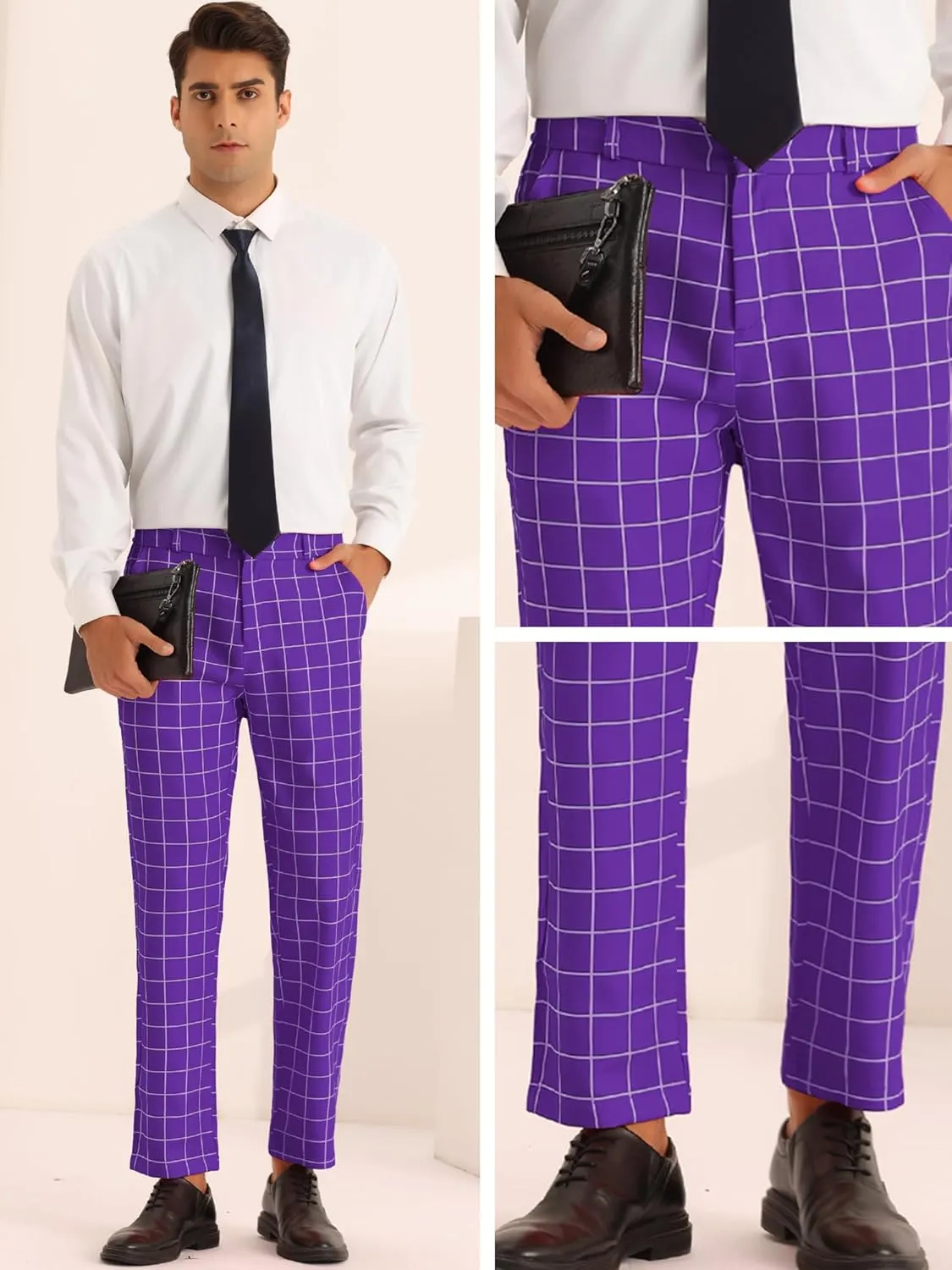 Lars Amadeus Plaid Pants for Men's Flat Front Colorful Checked Printed Dress Trousers