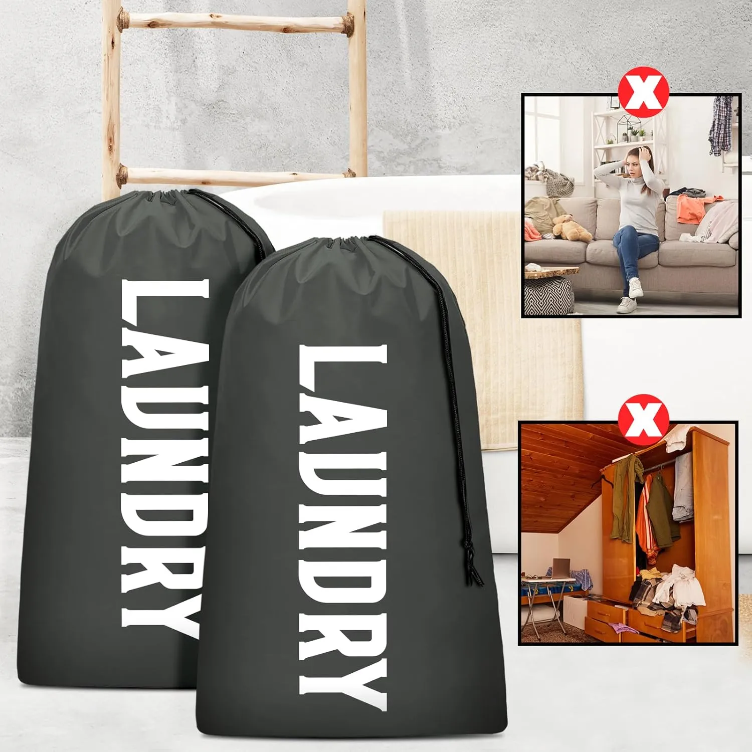 Laundry Bag, Travel Laundry Bag Machine Washable Dirty Clothes Organizer, Large Enough to Hold 4 Loads of Laundry, Easy Fit a Laundry Hamper or Basket (Gray, 24" x 36")