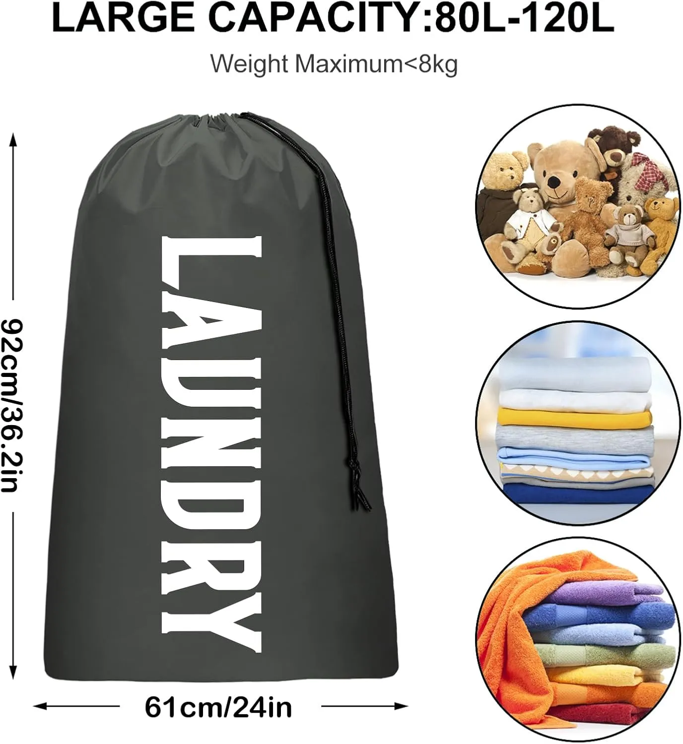 Laundry Bag, Travel Laundry Bag Machine Washable Dirty Clothes Organizer, Large Enough to Hold 4 Loads of Laundry, Easy Fit a Laundry Hamper or Basket (Gray, 24" x 36")