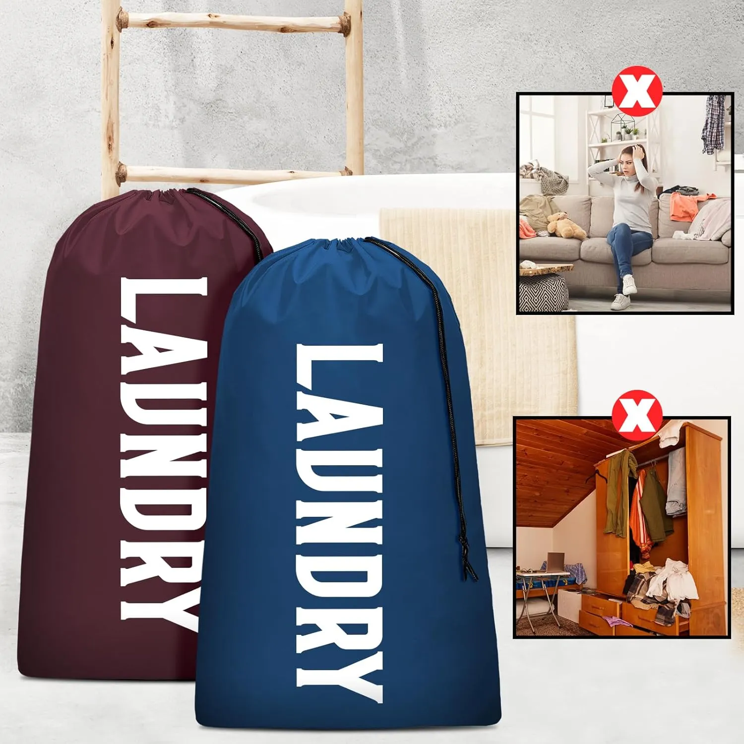 Laundry Bag, Travel Laundry Bag Machine Washable Dirty Clothes Organizer, Large Enough to Hold 4 Loads of Laundry, Easy Fit a Laundry Hamper or Basket (Wine Navy, 24" x 36")
