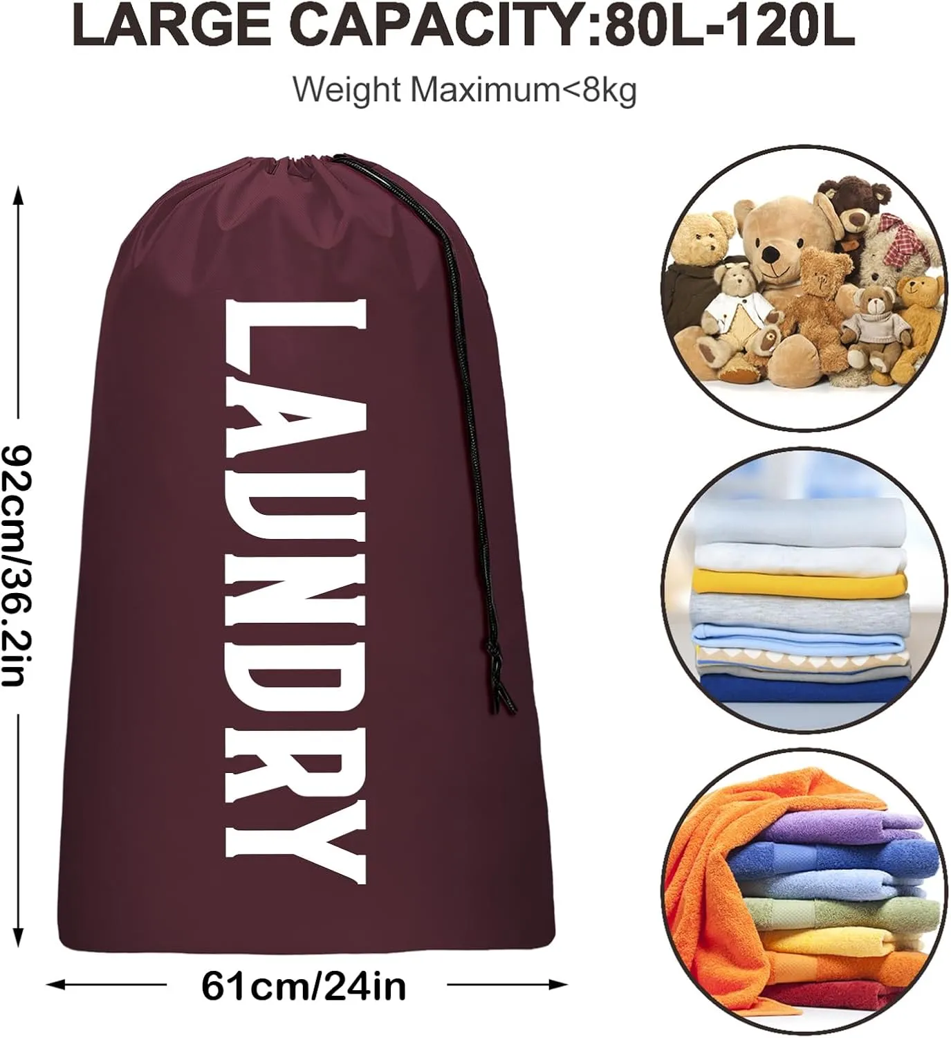 Laundry Bag, Travel Laundry Bag Machine Washable Dirty Clothes Organizer, Large Enough to Hold 4 Loads of Laundry, Easy Fit a Laundry Hamper or Basket (Wine Navy, 24" x 36")