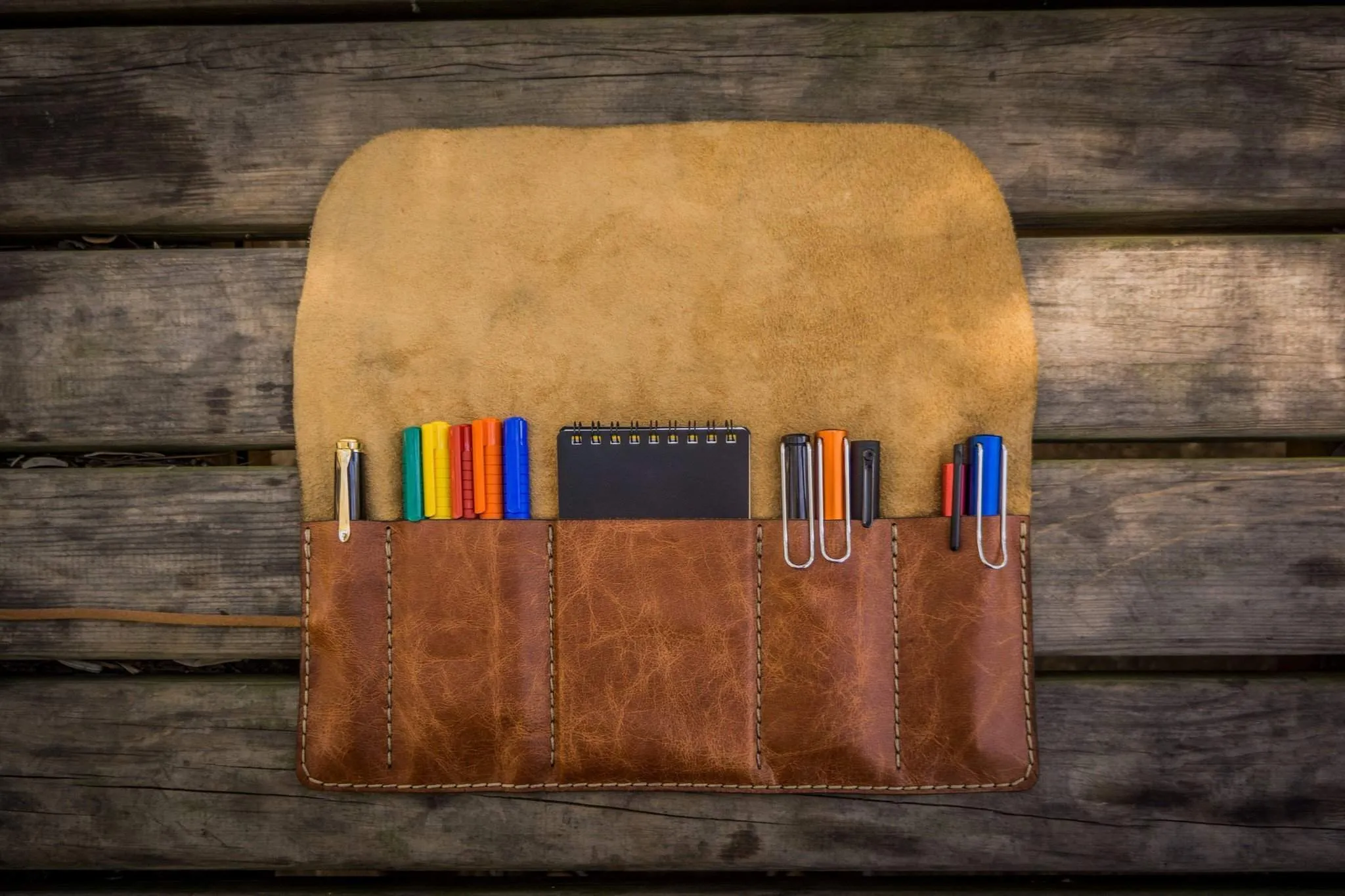 Leather Pen Roll - Rustic Brown