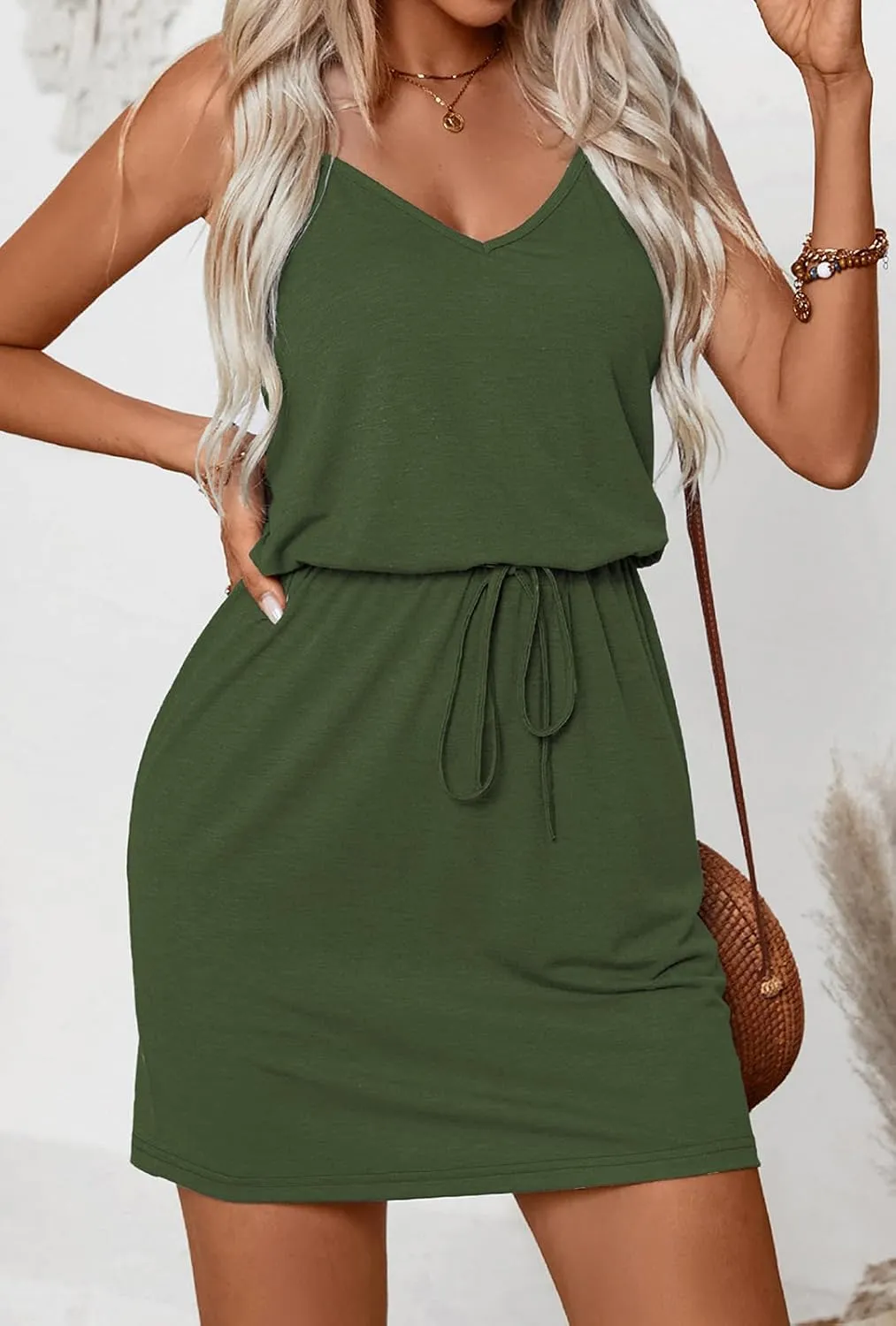 levaca Womens Summer Dress Spaghetti Straps Tie Waist Casual Beach Cover Up Vacation Mini Sundresses