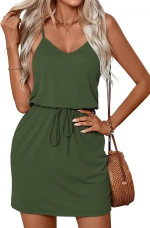 levaca Womens Summer Dress Spaghetti Straps Tie Waist Casual Beach Cover Up Vacation Mini Sundresses