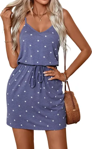 levaca Womens Summer Dress Spaghetti Straps Tie Waist Casual Beach Cover Up Vacation Mini Sundresses
