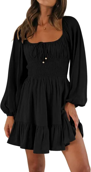 LILLUSORY Women's Long Sleeve Mini Cottagecore Dresses 2025 Summer Square Neck Casual Flowy Short Dress Spring Outfits