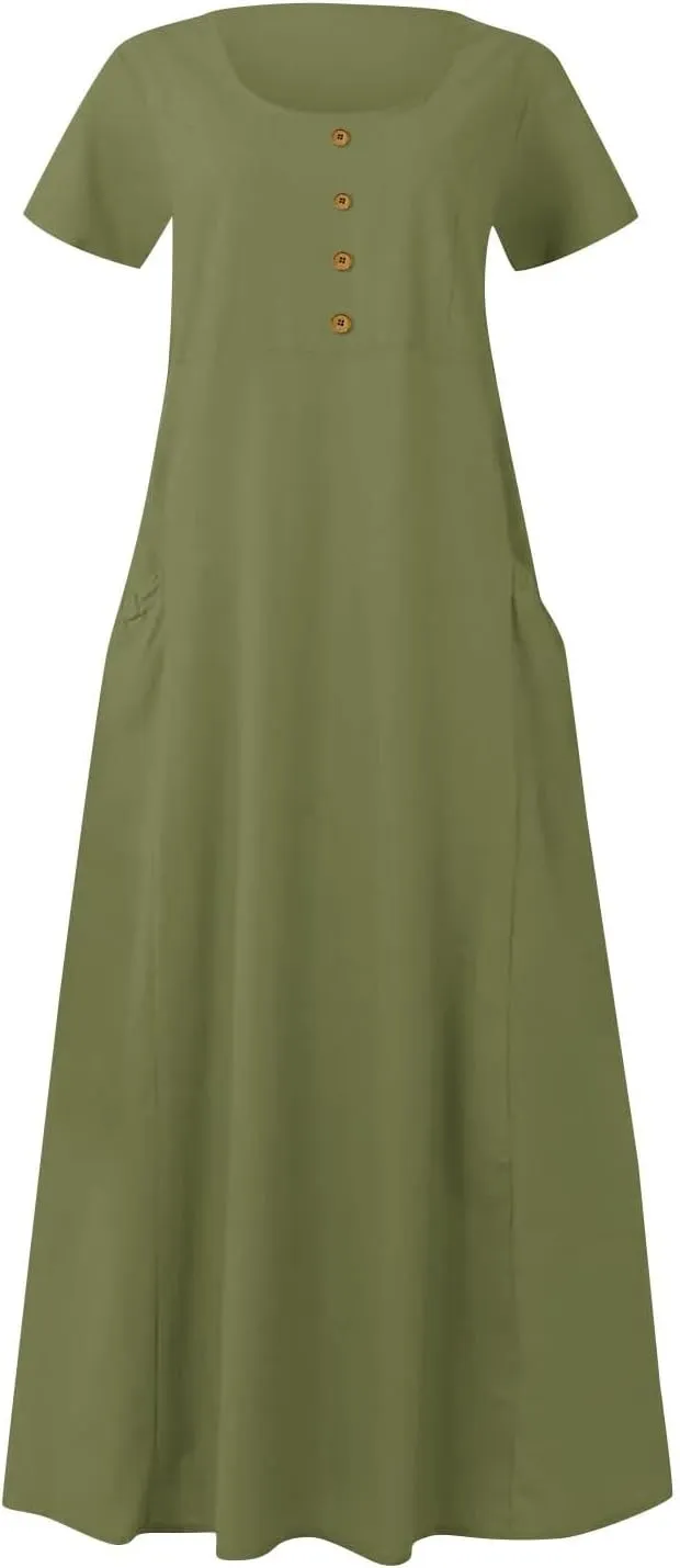 Linen Dress Women Long Short Sleeve Button Solid Cotton Flowy Dresses Plus Size Loose Comfy Maxi Dress with Pockets