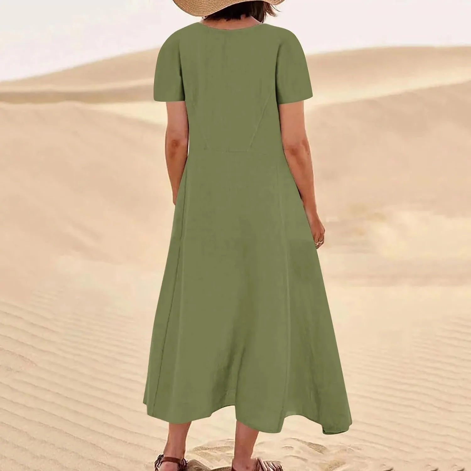 Linen Dress Women Long Short Sleeve Button Solid Cotton Flowy Dresses Plus Size Loose Comfy Maxi Dress with Pockets
