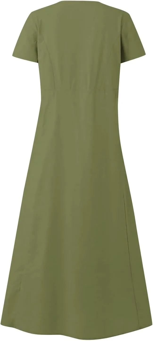 Linen Dress Women Long Short Sleeve Button Solid Cotton Flowy Dresses Plus Size Loose Comfy Maxi Dress with Pockets
