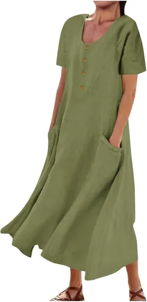 Linen Dress Women Long Short Sleeve Button Solid Cotton Flowy Dresses Plus Size Loose Comfy Maxi Dress with Pockets