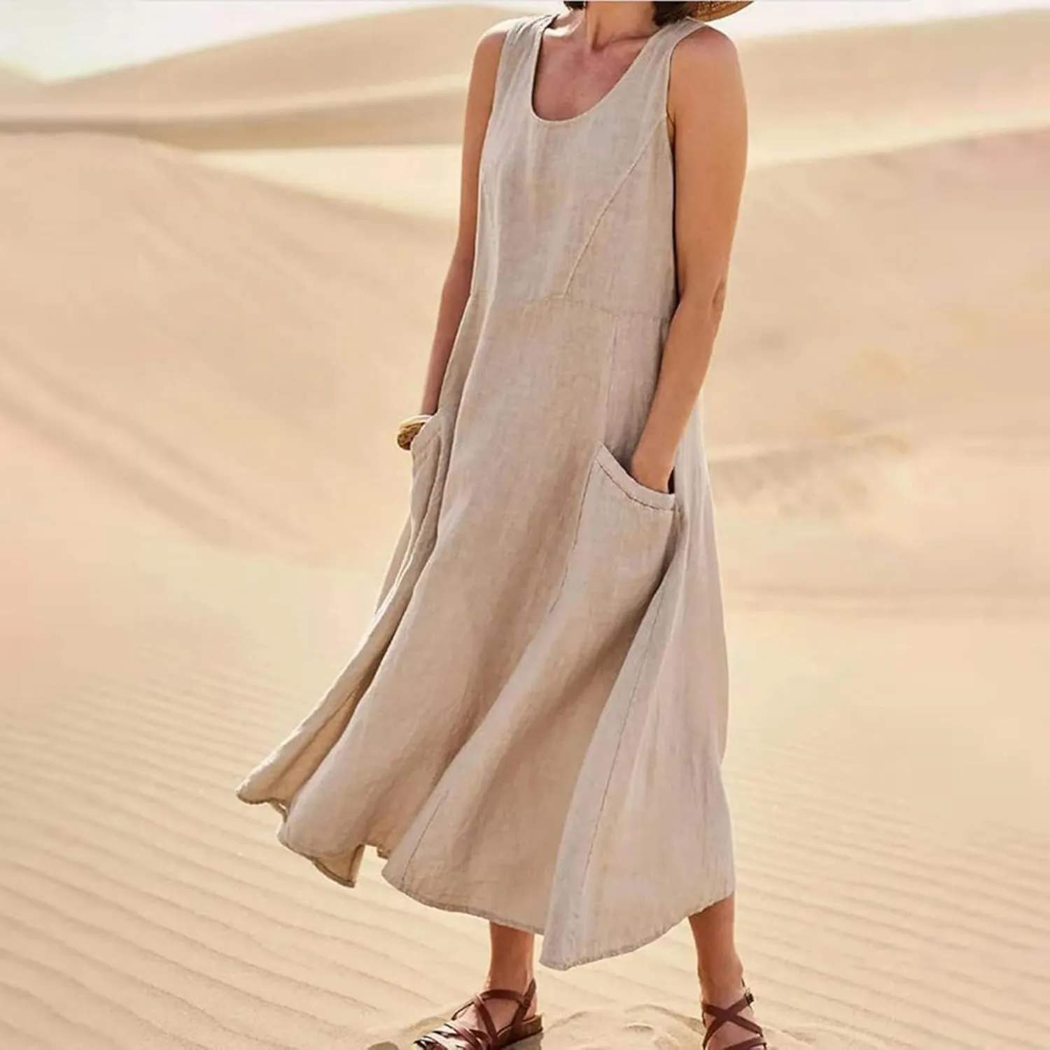 Linen Dresses for Women 2025 Summer Long Dress Sleeveless Elegant Flowy Plus Size Loose Tank Dress with Pockets