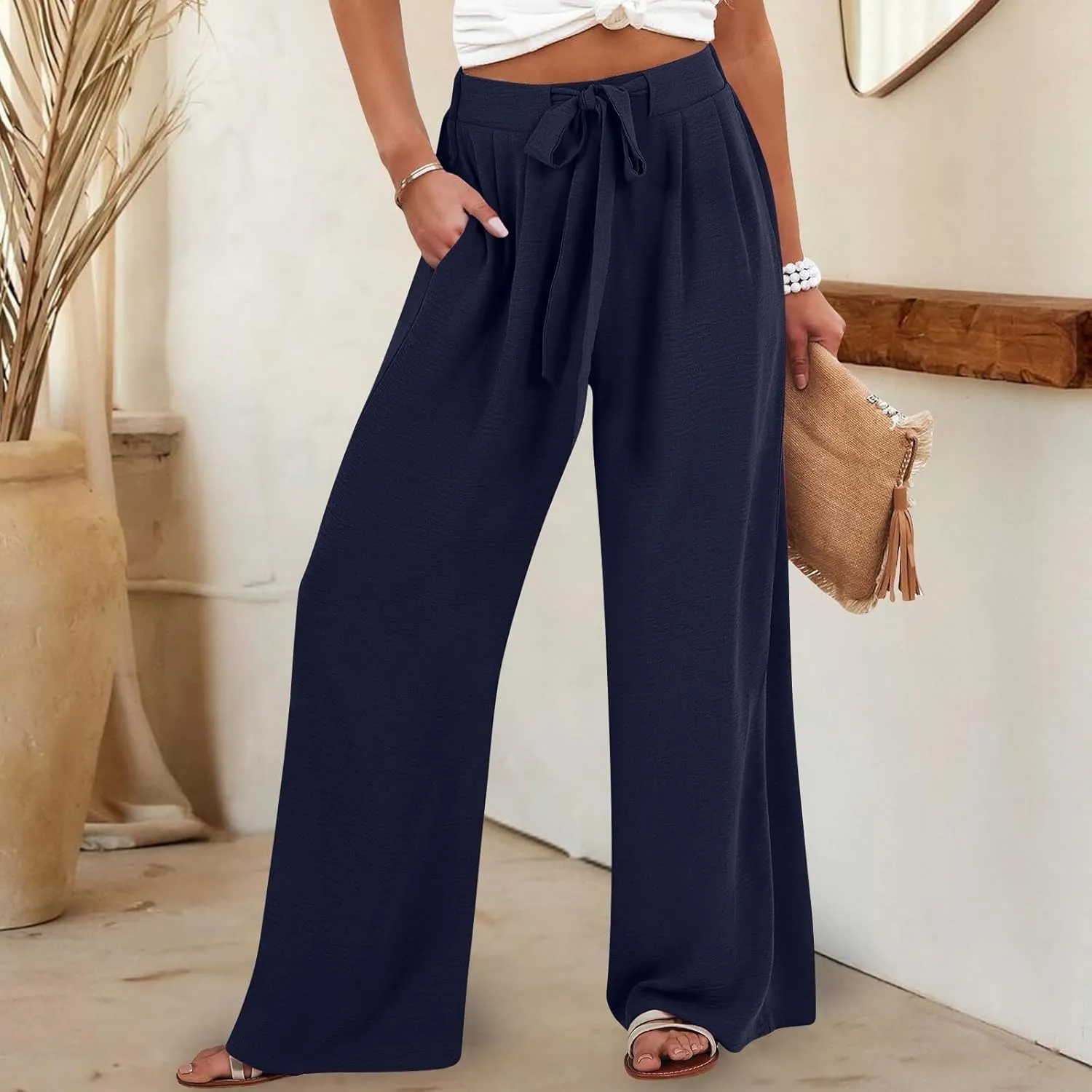 Linen Pants for Women 2025 Dressy High Waisted Wide Leg Palazzo Pants Summer Casual Loose Flowy Trousers with Pocket