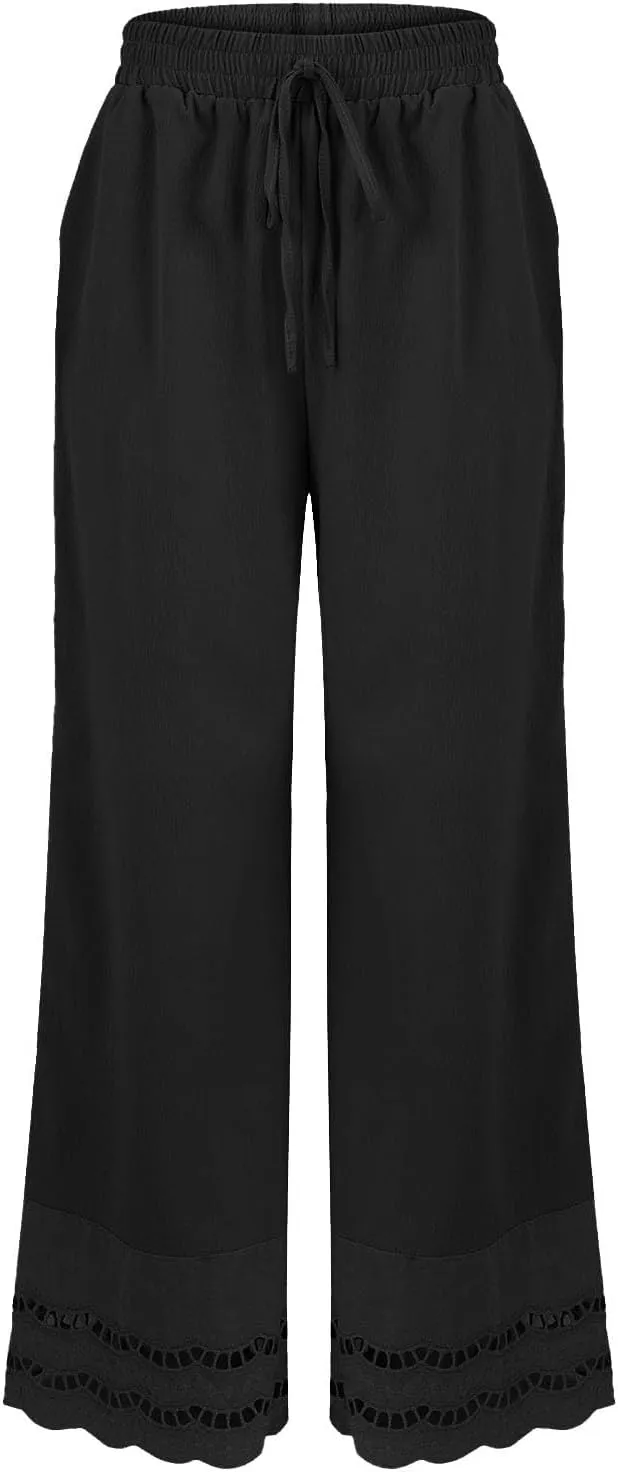Linen Pants Women Lounge Trousers Drawstring Elastic Waist Summer Boho Palazzo Vintage Pants with Pockets