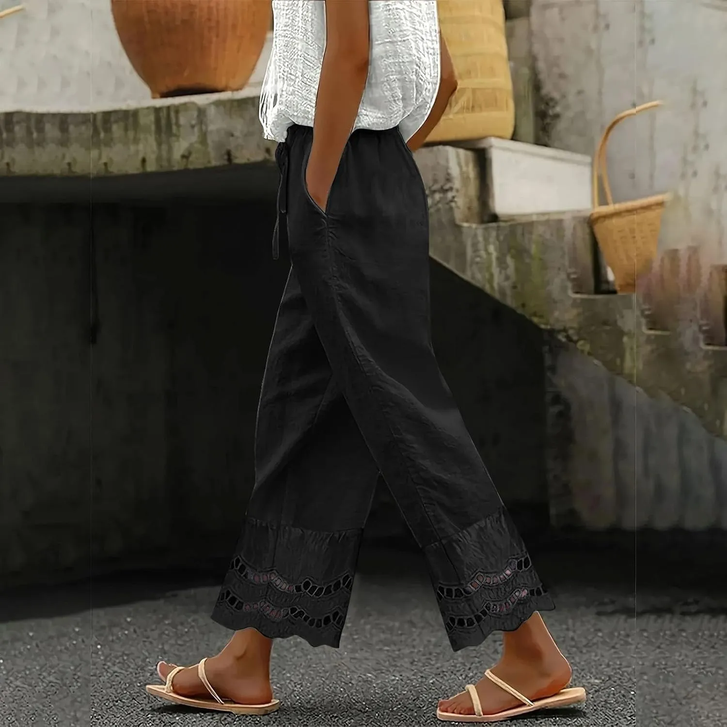 Linen Pants Women Lounge Trousers Drawstring Elastic Waist Summer Boho Palazzo Vintage Pants with Pockets