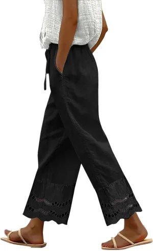 Linen Pants Women Lounge Trousers Drawstring Elastic Waist Summer Boho Palazzo Vintage Pants with Pockets