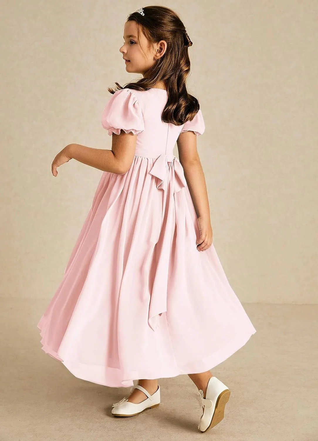 Long Chiffon Junior Bridesmaid Dresses for Wedding with Sleeve Formal Flower Girl Dress for Teens
