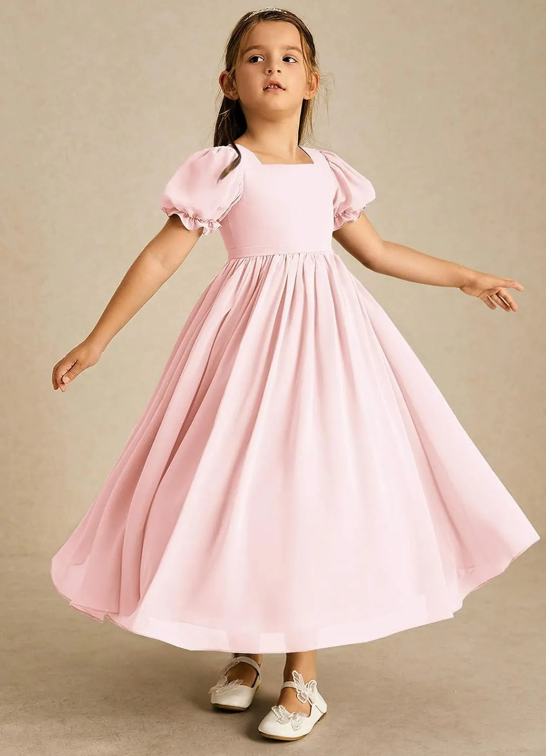 Long Chiffon Junior Bridesmaid Dresses for Wedding with Sleeve Formal Flower Girl Dress for Teens